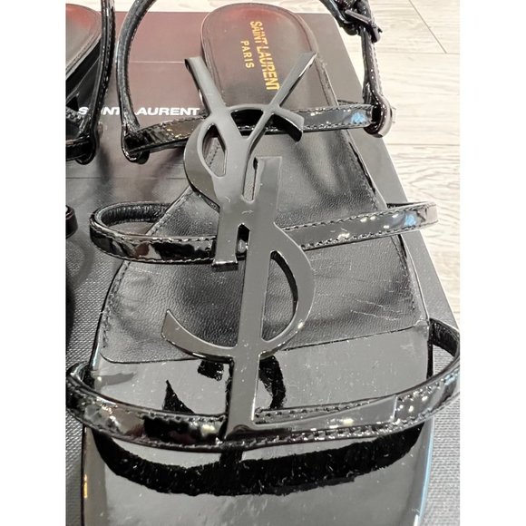 SAINT LAURENT Cassandre YSL Logo Flat Patent Leather Sandals - Picture 6 of 10